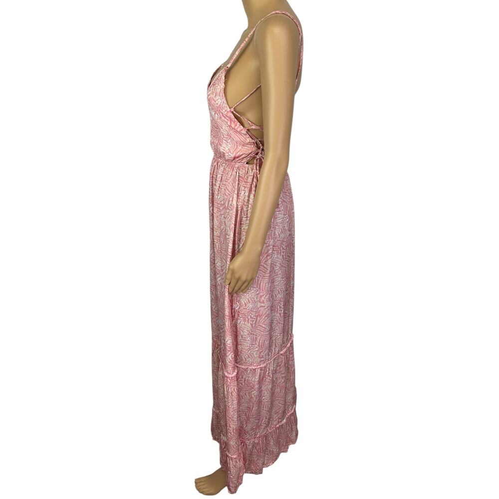 Maaji Nicole Palm Print Lace-Up Maxi Dress Pink Tassel Tiered Size S - Picture 7 of 12
